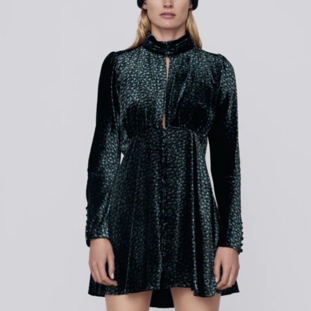 Zara Floral Velvet Mini Dress Women's Medium Blue Black Holiday Hippie Dainty